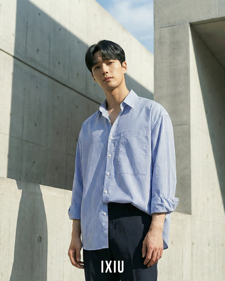 【静かなる品格】プレミアム・ストライプオーバーシャツ（韓国ミニマル）