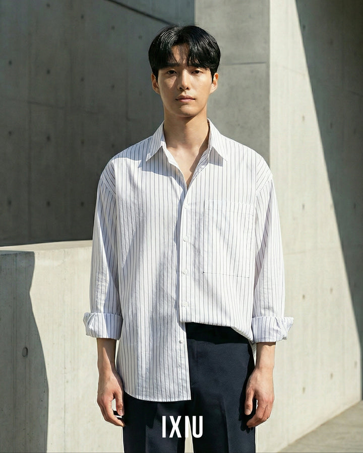 【静かなる品格】プレミアム・ストライプオーバーシャツ（韓国ミニマル）