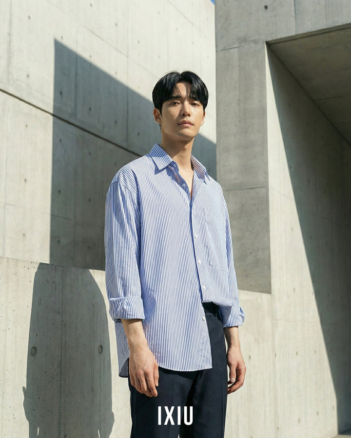 【静かなる品格】プレミアム・ストライプオーバーシャツ（韓国ミニマル）
