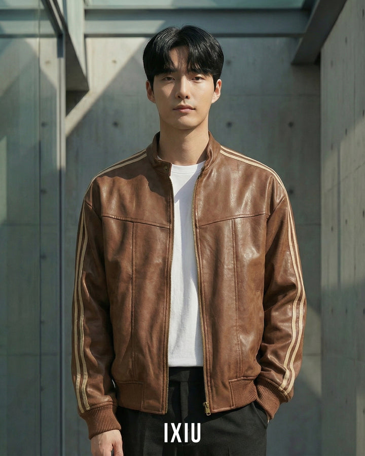 【ハイクラス】プレミアム・ヴィーガンレザー・スタンドカラーブルゾン（韓国ミニマル）