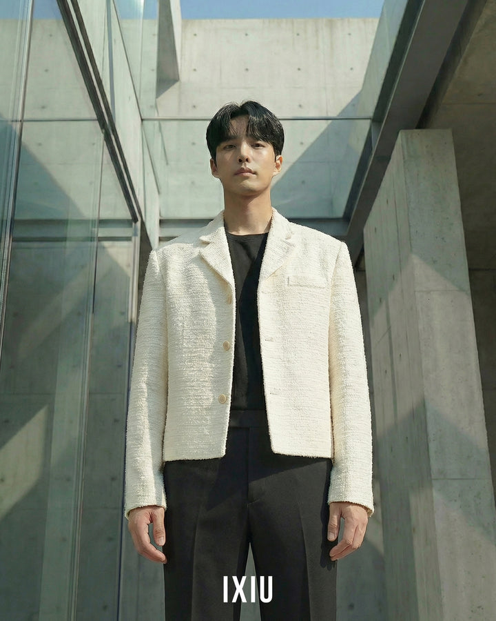 【至高の品格】モダンツイード・ノーカラーブルゾン（韓国ミニマル）