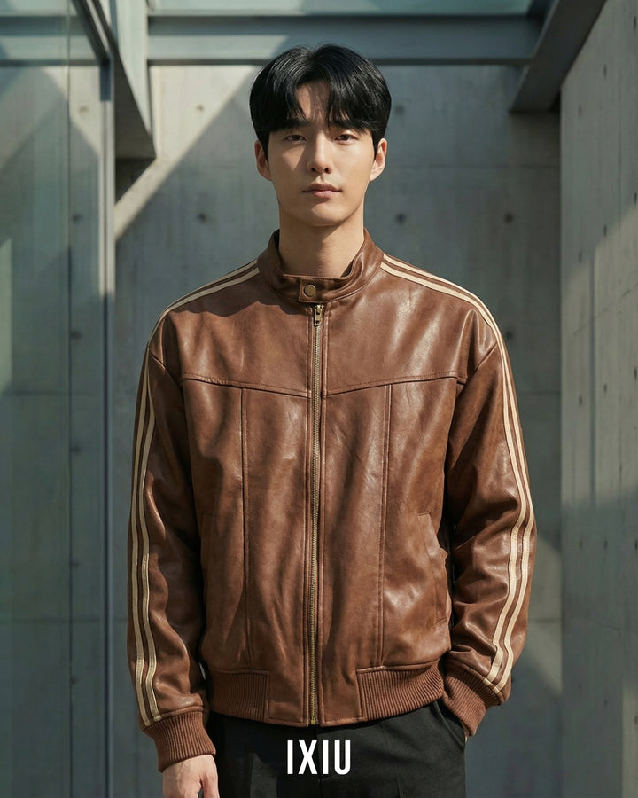 【ハイクラス】プレミアム・ヴィーガンレザー・スタンドカラーブルゾン（韓国ミニマル）