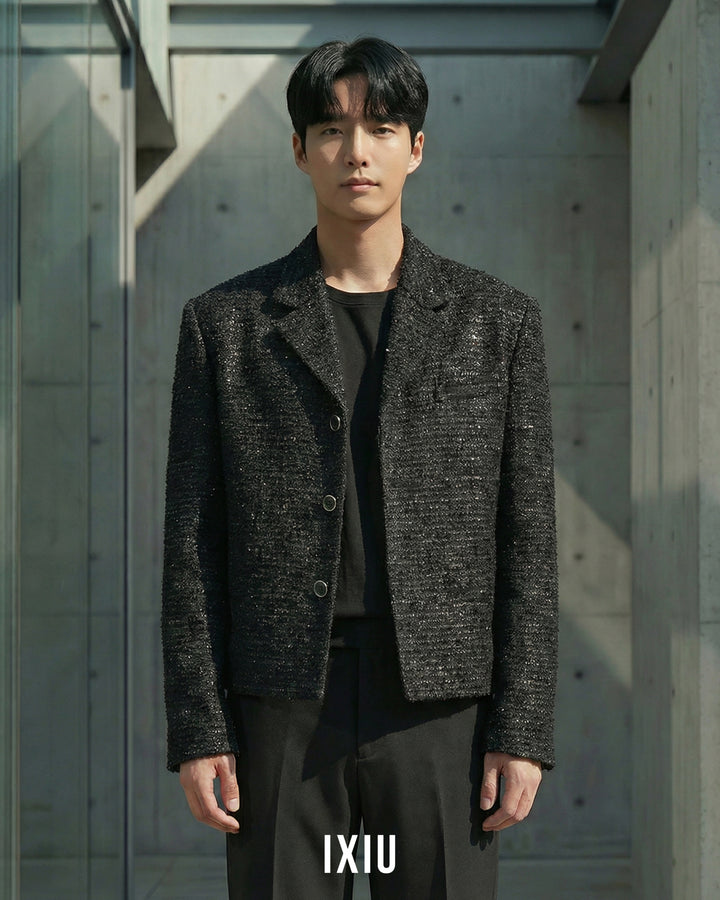 【至高の品格】モダンツイード・ノーカラーブルゾン（韓国ミニマル）