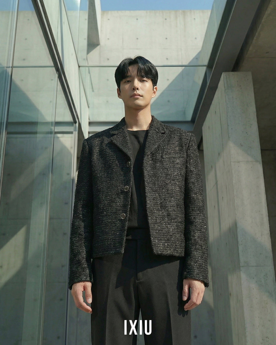 【至高の品格】モダンツイード・ノーカラーブルゾン（韓国ミニマル）