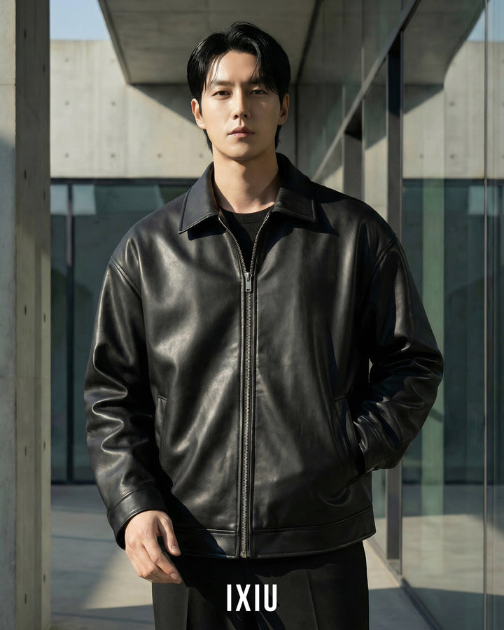 【都会のキレ】モダン・PUレザースタジャン（韓国ミニマル）