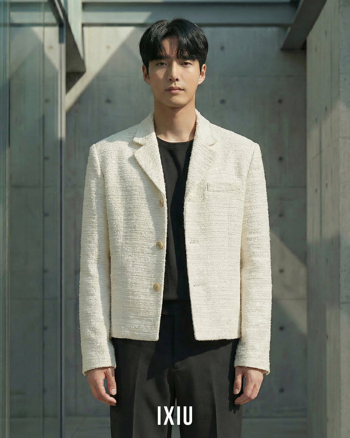 【至高の品格】モダンツイード・ノーカラーブルゾン（韓国ミニマル）