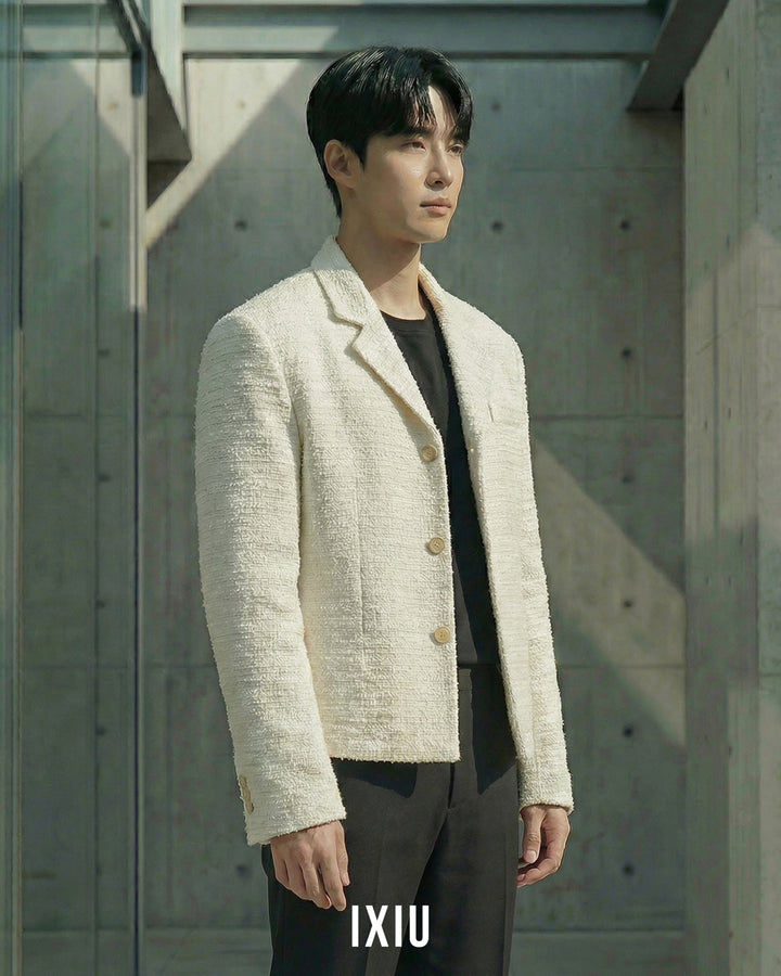 【至高の品格】モダンツイード・ノーカラーブルゾン（韓国ミニマル）