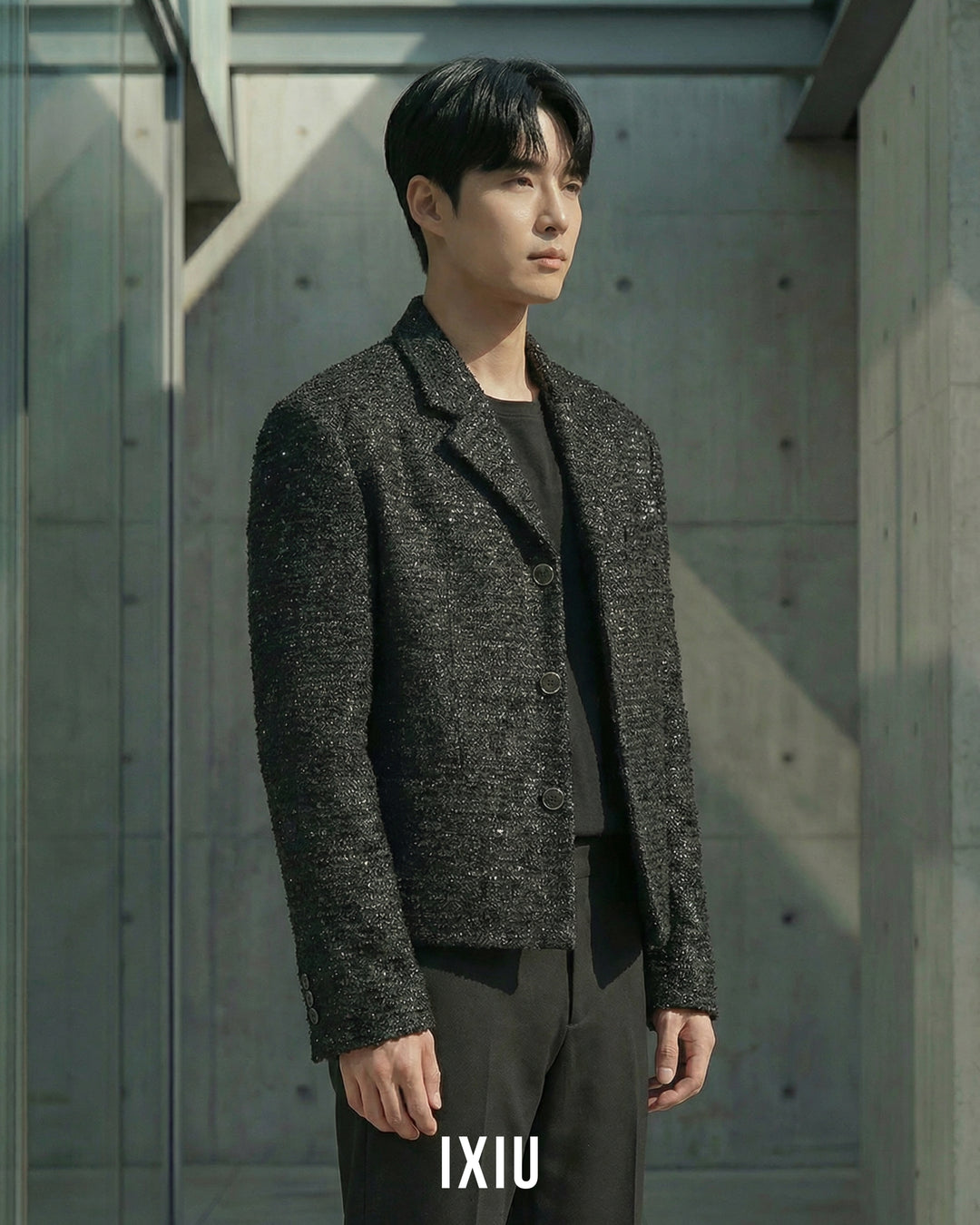 【至高の品格】モダンツイード・ノーカラーブルゾン（韓国ミニマル）