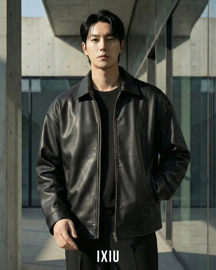 【都会のキレ】モダン・PUレザースタジャン（韓国ミニマル）