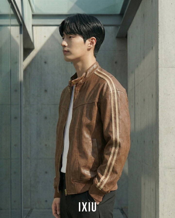 【ハイクラス】プレミアム・ヴィーガンレザー・スタンドカラーブルゾン（韓国ミニマル）