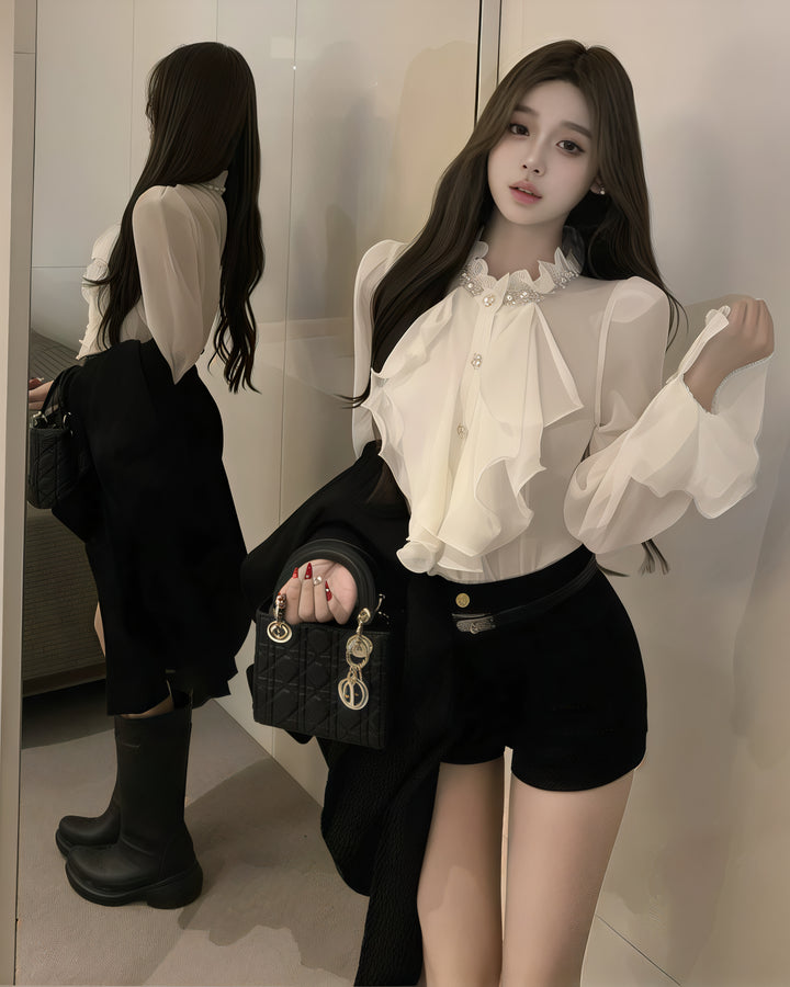Ruffled Rhinestone Chiffon Blouse – Elegant Waist-Tight Long Sleeve Shirt for Spring