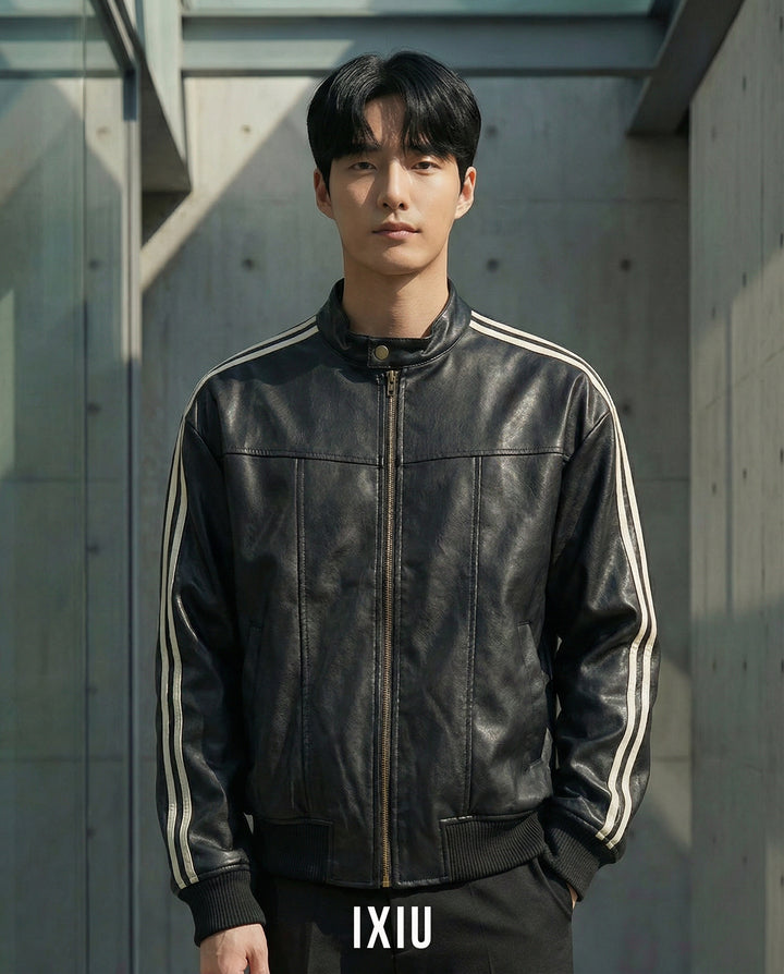 【ハイクラス】プレミアム・ヴィーガンレザー・スタンドカラーブルゾン（韓国ミニマル）