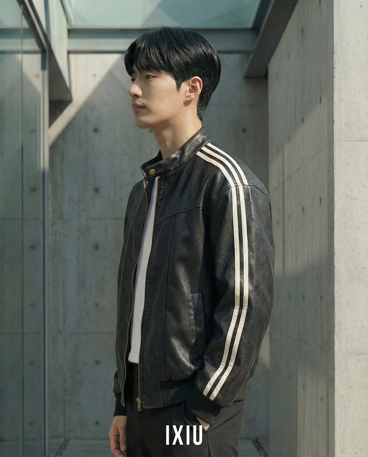 【ハイクラス】プレミアム・ヴィーガンレザー・スタンドカラーブルゾン（韓国ミニマル）