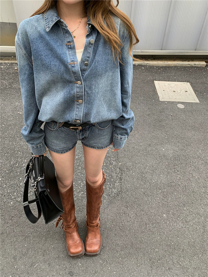 Vintage Blue Denim Jacket & Shorts Set – Casual Two-Piece Outfit