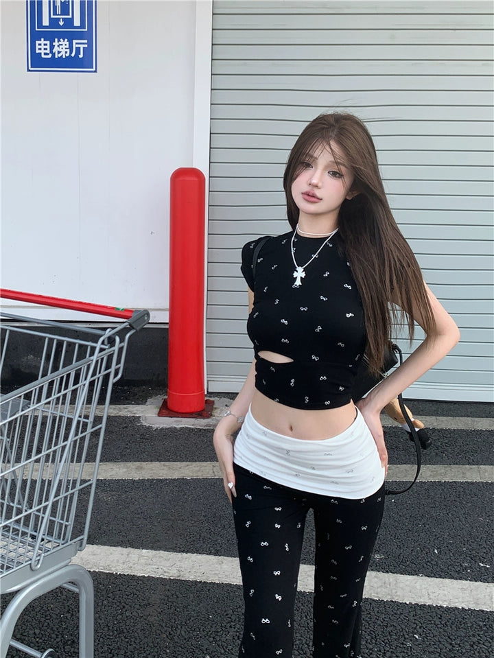 Butterfly Bow Cutout T-Shirt & Flared Casual Pants Set – Trendy Two-Piece Summer Outfit (Available in 2 Colors)