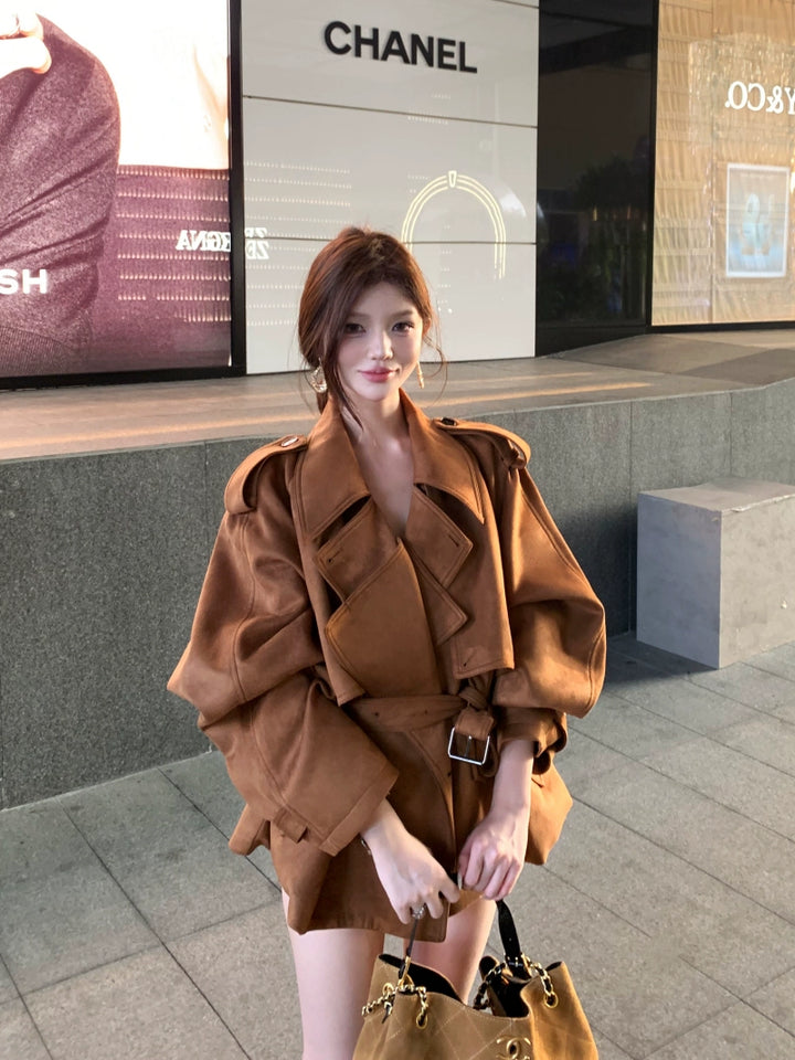 Vintage Brown Suede Jacket – Belted Loose-Fit Long Sleeve Cardigan Coat