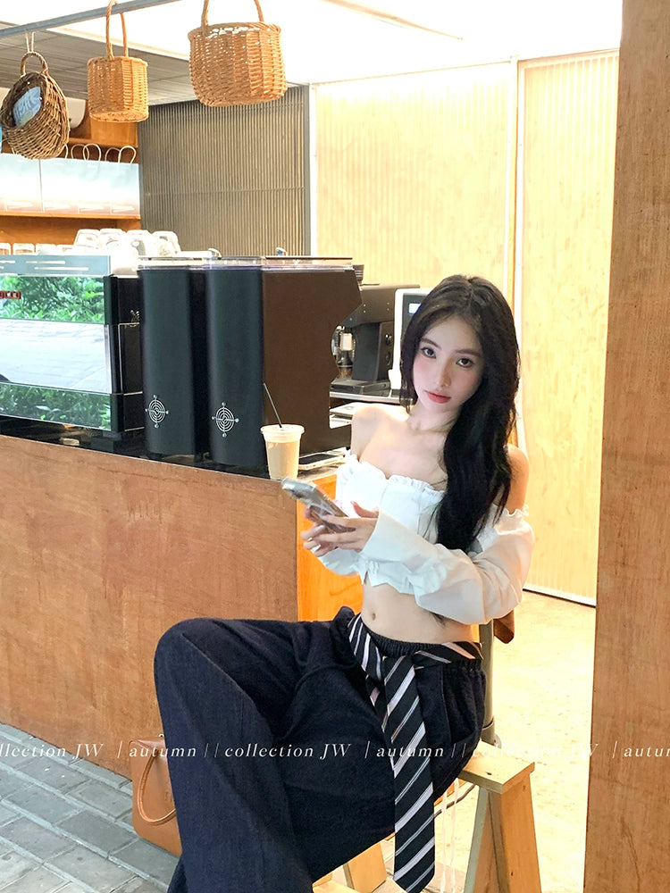 Off-Shoulder White Long Sleeve Shirt – Sexy Slim-Fit Cropped Blouse