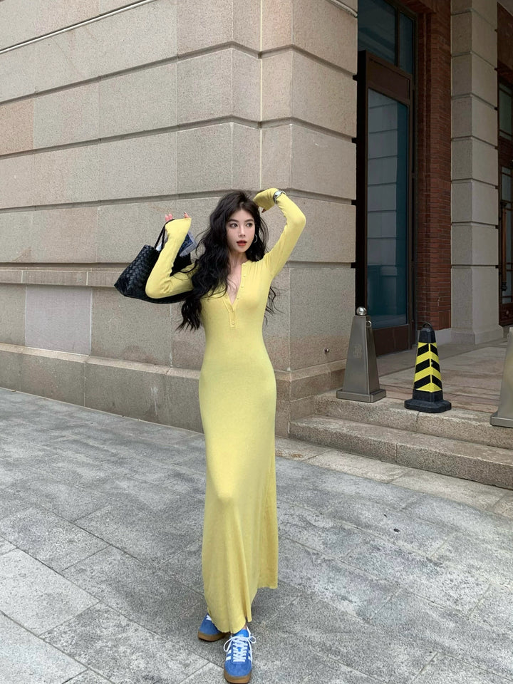 Gray Knit Long Sleeve Bodycon Maxi Dress – Elegant Slim Fit Autumn Dress (Available in 3 Colors)