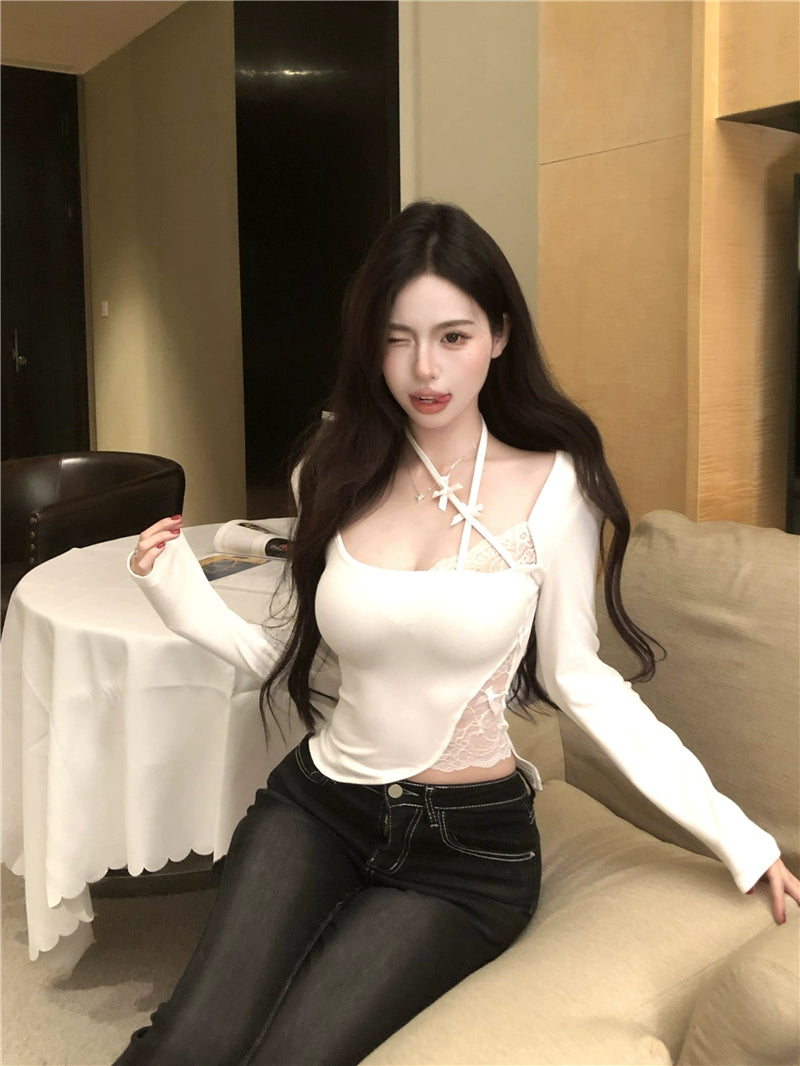 Purple Lace Patch Long Sleeve Crop Top – Sexy Slim-Fit Sheer Detail Tee (Available in 3 Colors)