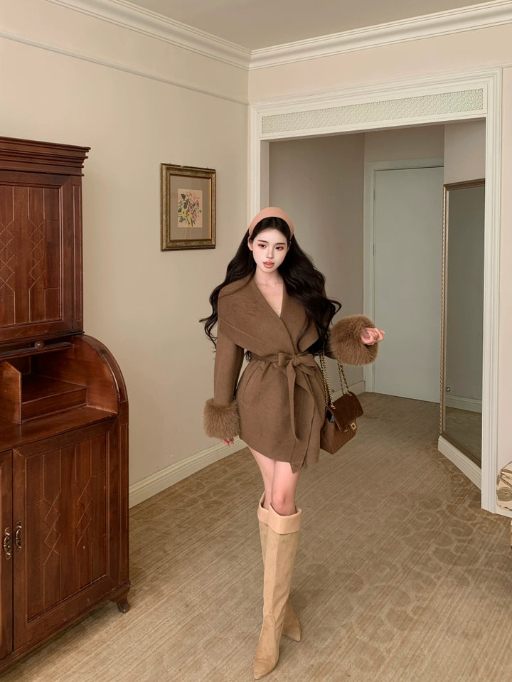 Elegant Belted Faux-Fur Cuff Coat – Mid-Length Soft Vintage Look (Available in 4 Colors)
