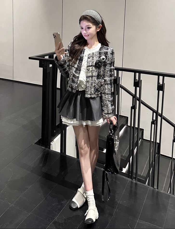 Elegant Tweed Floral Jacket, White Blouse & Gray Mini Skirt Set – Korean Chic Three-Piece Outfit