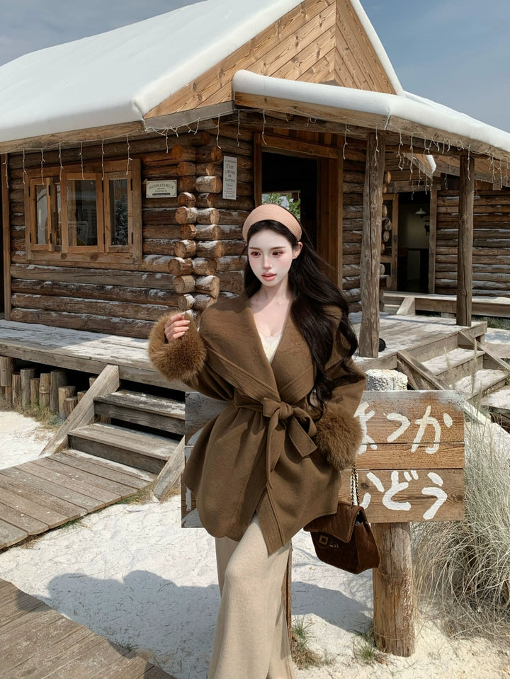 Elegant Belted Faux-Fur Cuff Coat – Mid-Length Soft Vintage Look (Available in 4 Colors)