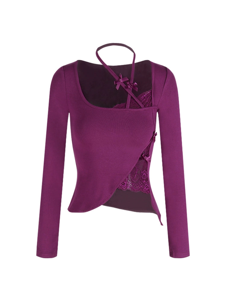 Purple Lace Patch Long Sleeve Crop Top – Sexy Slim-Fit Sheer Detail Tee (Available in 3 Colors)