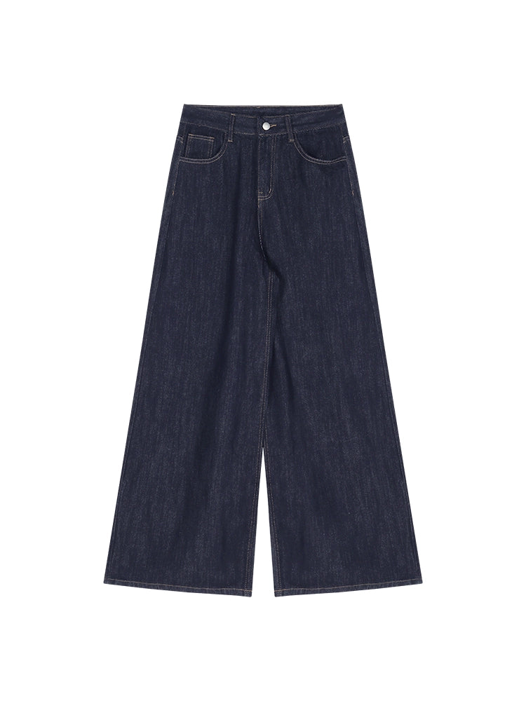 Deep Blue High-Waist Wide-Leg Jeans – Vintage Loose Straight Pants for Women