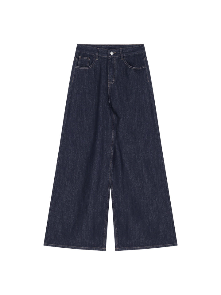 Deep Blue High-Waist Wide-Leg Jeans – Vintage Loose Straight Pants for Women