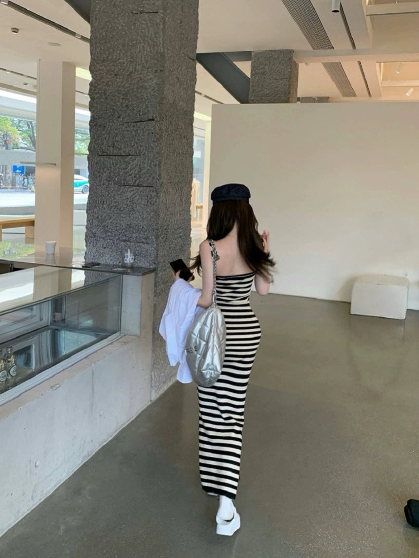 Striped V-Neck Bodycon Maxi Dress with Side Slit – Summer Slim Fit Elegant Style