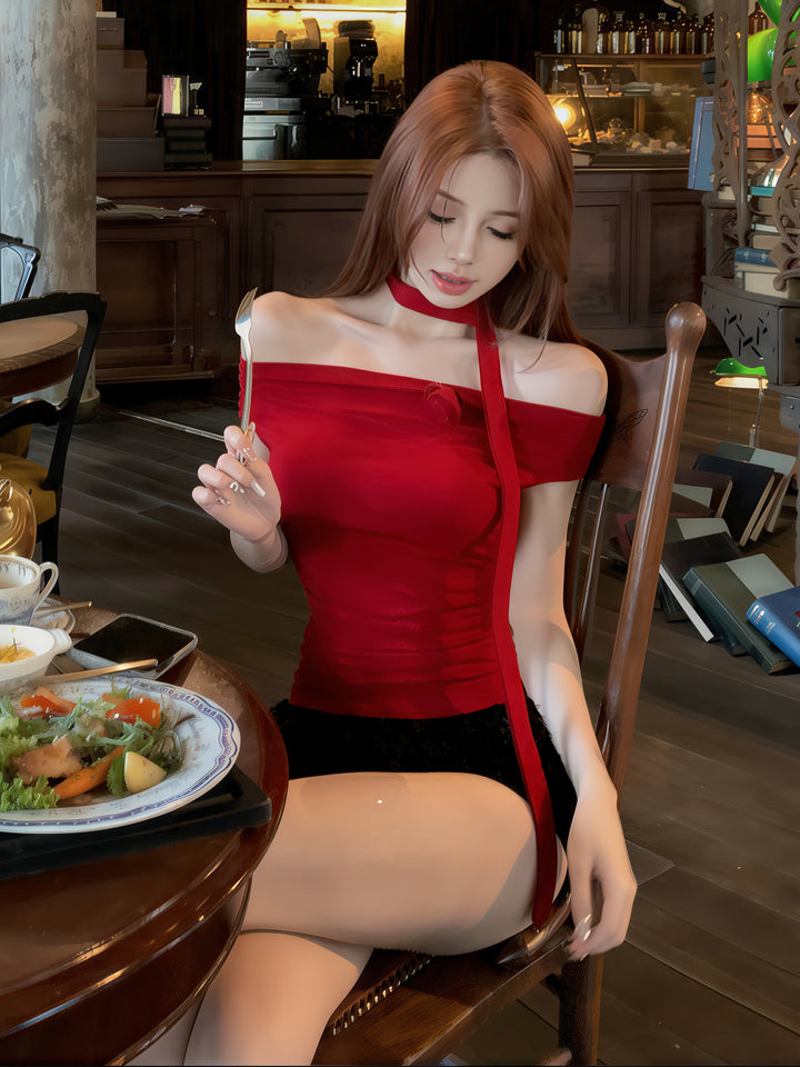 露肩花卉褶飾修身 T 卹 - 性感夏日紅色個性上衣（3 種顏色可選）