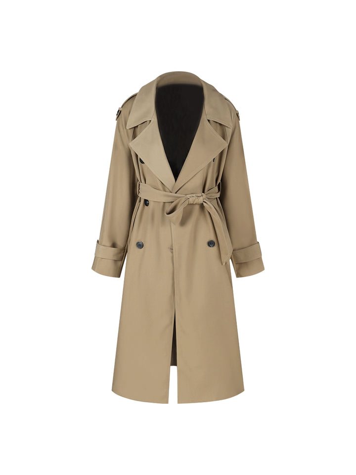 Khaki Double-Breasted Trench Coat – Elegant Long Vintage Windbreaker