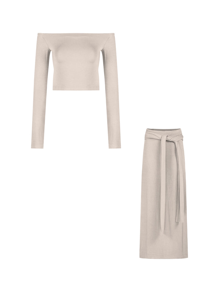 Off-Shoulder Fitted Long-Sleeve Top & Tie-Up Bodycon Skirt Set – Sexy Two-Piece Outfit (Available in 2 Colors)