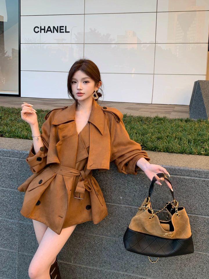 Vintage Brown Suede Jacket – Belted Loose-Fit Long Sleeve Cardigan Coat