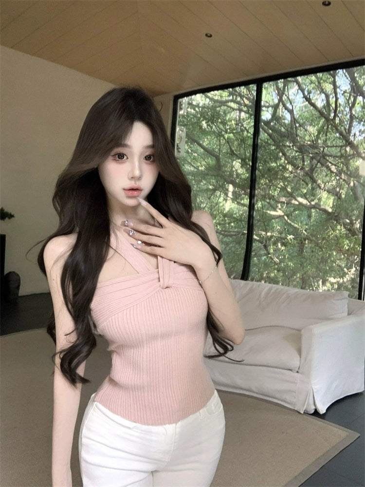 纯欲风粉色针织吊带背心女夏季收腰修身内搭无袖外穿短款打底上衣