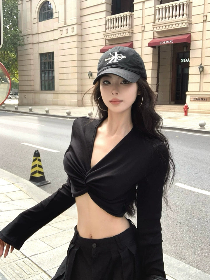 Twisted V-Neck Long Sleeve Crop Top – American Sexy Slim-Fit Tee (Available in 2 Colors)