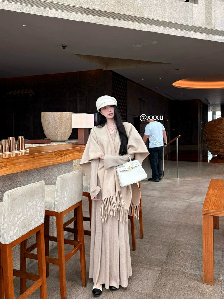 Knit Fringe Cardigan & Camisole Maxi Dress Set – Cozy Two-Piece Outfit (Available in 3 Colors)