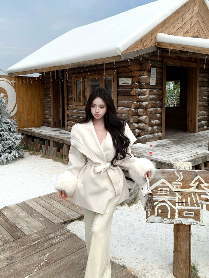 Elegant Belted Faux-Fur Cuff Coat – Mid-Length Soft Vintage Look (Available in 4 Colors)