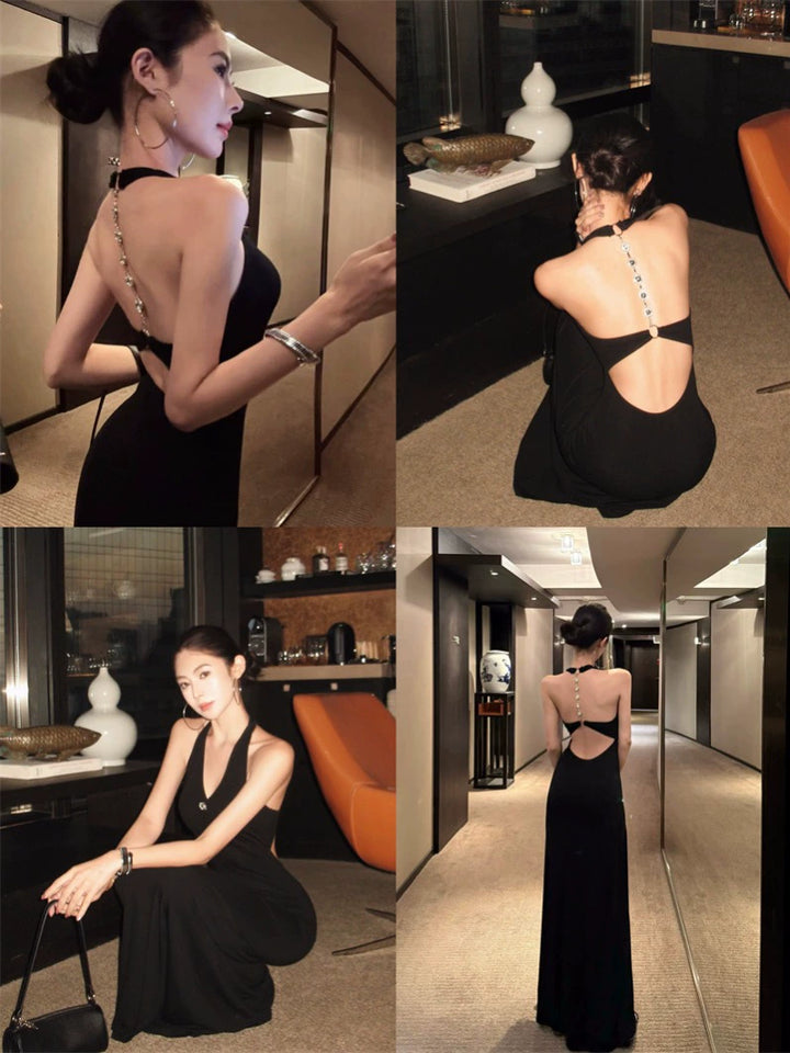 设计感露背挂脖连衣裙女夏季御姐风修身礼服长裙黑色气质包臀裙子