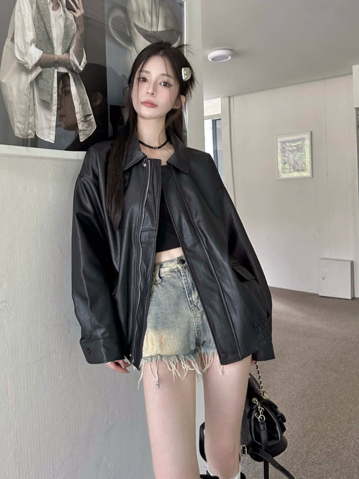 Vintage Brown PU Leather Jacket – Loose-Fit Motorcycle Style Outerwear (Available in 2 Colors)