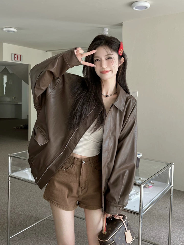 Vintage Brown PU Leather Jacket – Loose-Fit Motorcycle Style Outerwear (Available in 2 Colors)