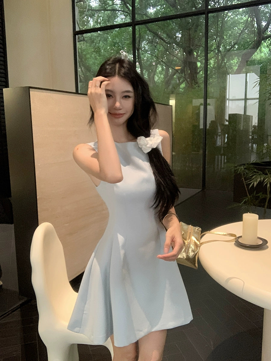 Korean Blue Sleeveless A-Line Mini Dress – Slim Fit Flared Short Dress (Available in 5 Colors)