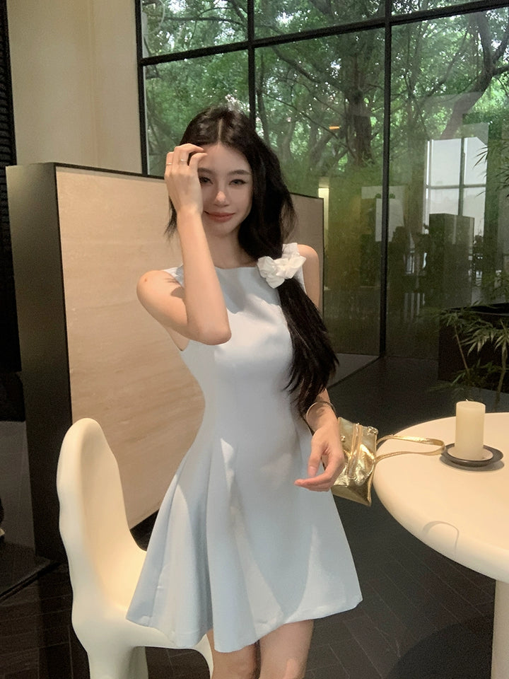 Korean Blue Sleeveless A-Line Mini Dress – Slim Fit Flared Short Dress (Available in 5 Colors)