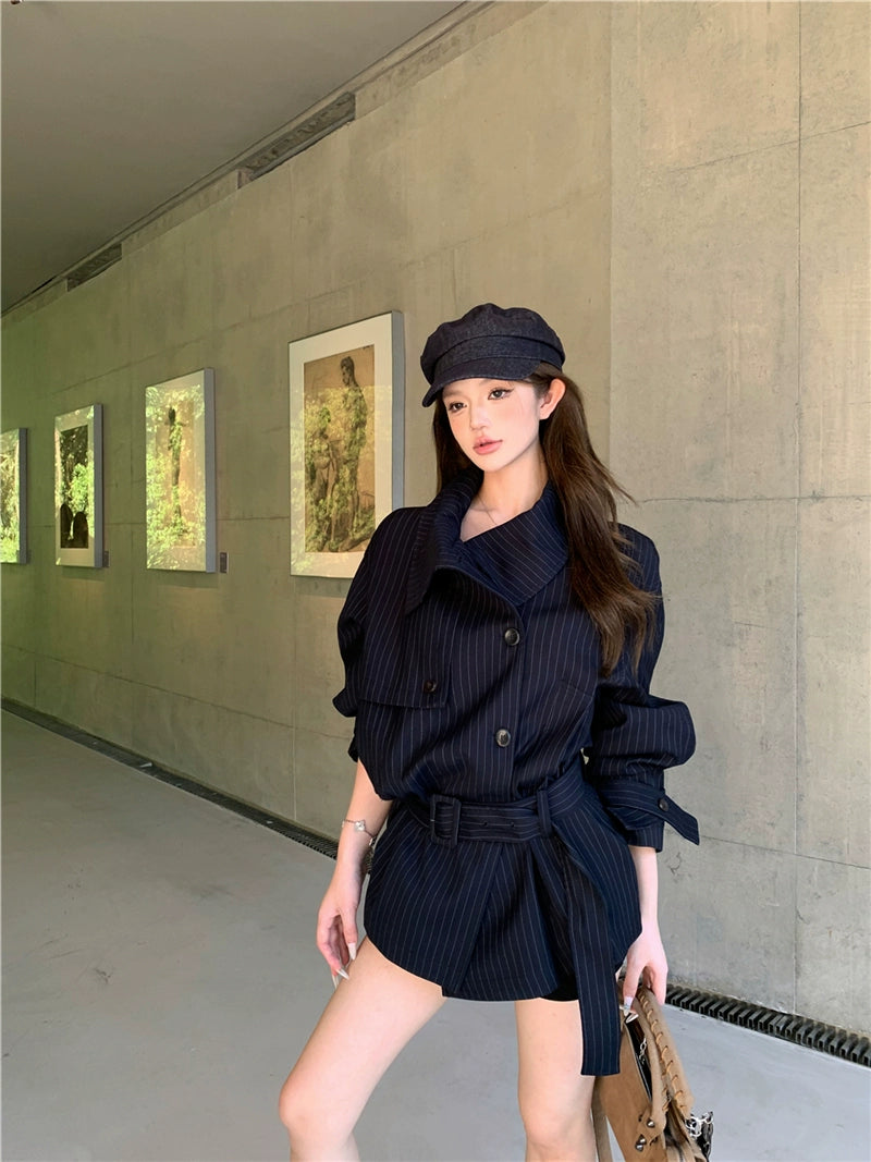 Striped Lapel Trench Coat – Korean Style Loose-Fit Long Jacket