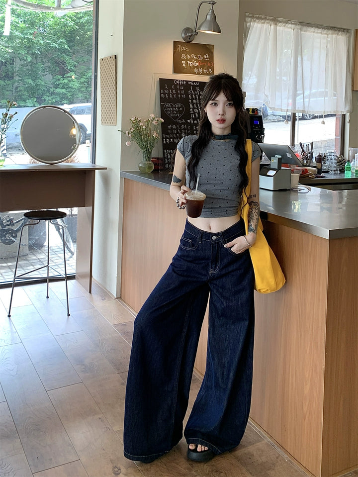 Deep Blue High-Waist Wide-Leg Jeans – Vintage Loose Straight Pants for Women