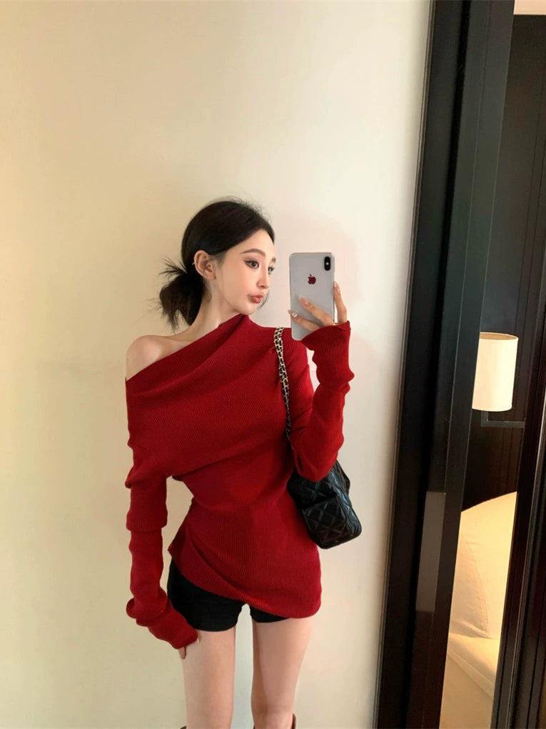 Asymmetric Off-Shoulder Slim Knit Top (Available in 4 Colors)