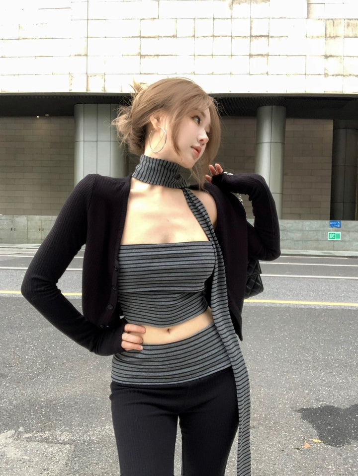 Black Knit Cardigan, Tube Top & Flared Pants Set – Trendy Three-Piece Casual Outfit