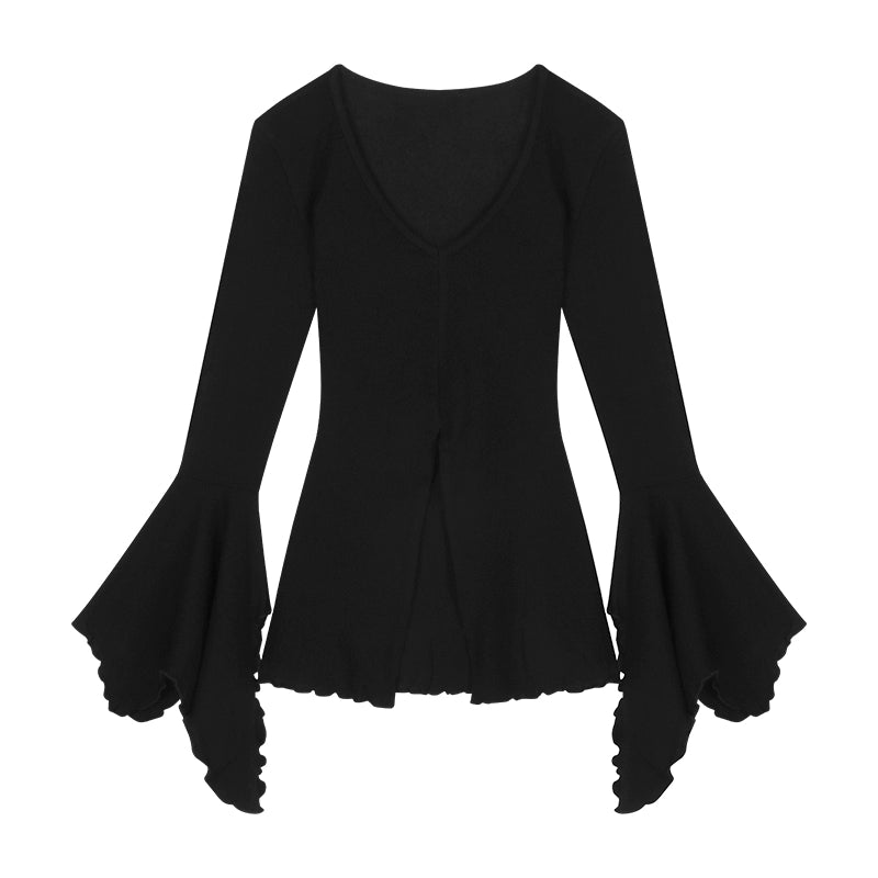 Slim Fit V-Neck Flared Sleeve Long Tee – Edgy Split Design (Available in 2 Colors)
