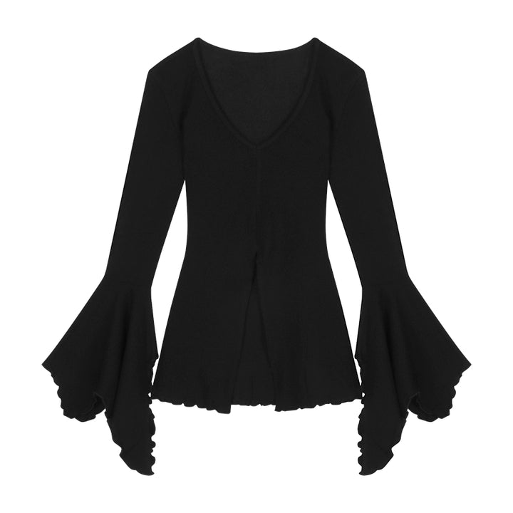 Slim Fit V-Neck Flared Sleeve Long Tee – Edgy Split Design (Available in 2 Colors)