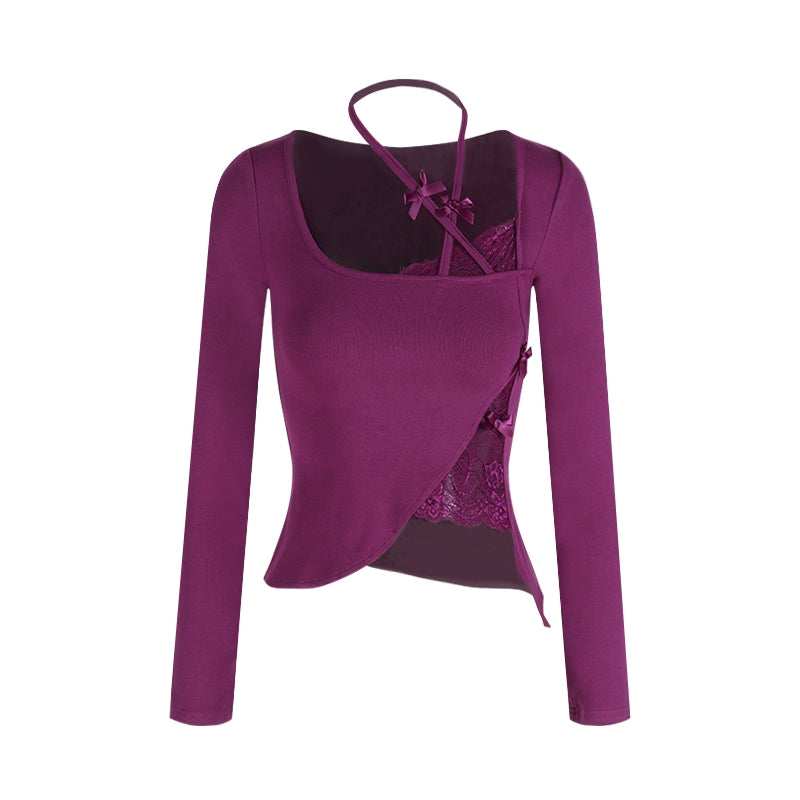 Purple Lace Patch Long Sleeve Crop Top – Sexy Slim-Fit Sheer Detail Tee (Available in 3 Colors)